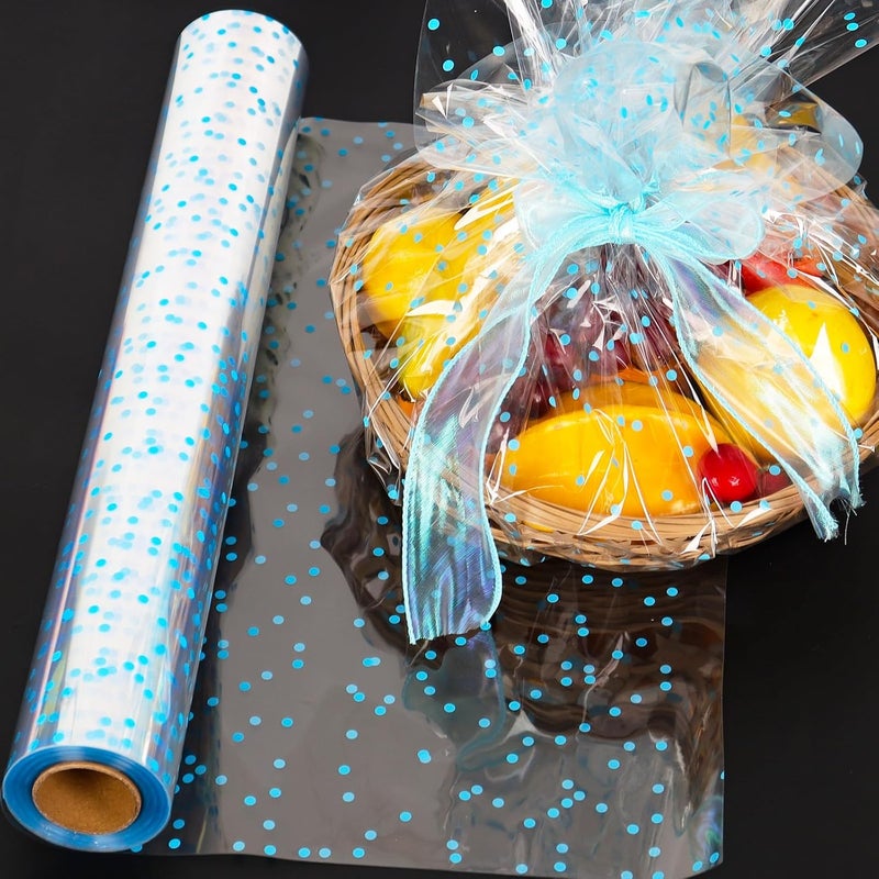 CMFYHM Clear Cellophane Wrap Roll (34" x 100’Ft) Blue Polka Dot Cellophane, Transparent Cellophane Wrap Roll for Treats, Gifts, Baskets, Flowers, Birthday Party,Easter, Christmas Decorations - Image 5